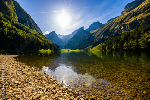 Seealpsee mountain lake in Alpstein Switzerland during sunshine