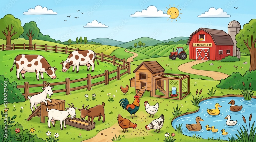 Fototapeta premium Charming Rural Farm Landscape Illustration Featuring Happy Animals and Barnyard Life Activity