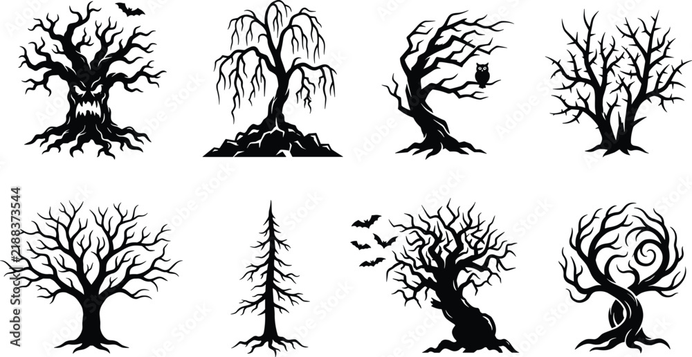 Obraz premium Spooky Halloween Dead Tree Silhouette Icon Set with Creepy Branches Monster Faces Owls and Bats for Scary Forest Graphic Vector Designs