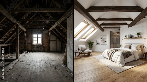 Before and after attic home renovation showing room transformation