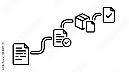 Purchase Order Processing Workflow Line Illustration. Enterprise Procurement Request and Order Management Process Outline Vector Isolated on White Background