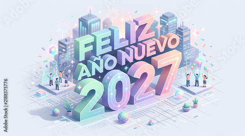 Isometric 3D illustration for feliz ano nuevo 2027 urban celebration
