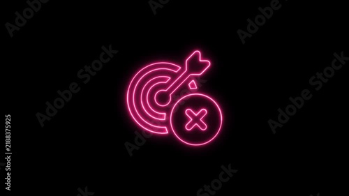 Neon Pink Target and Cancel Symbol Animation with Glowing Bullseye, Arrow and X Icon on Black Background