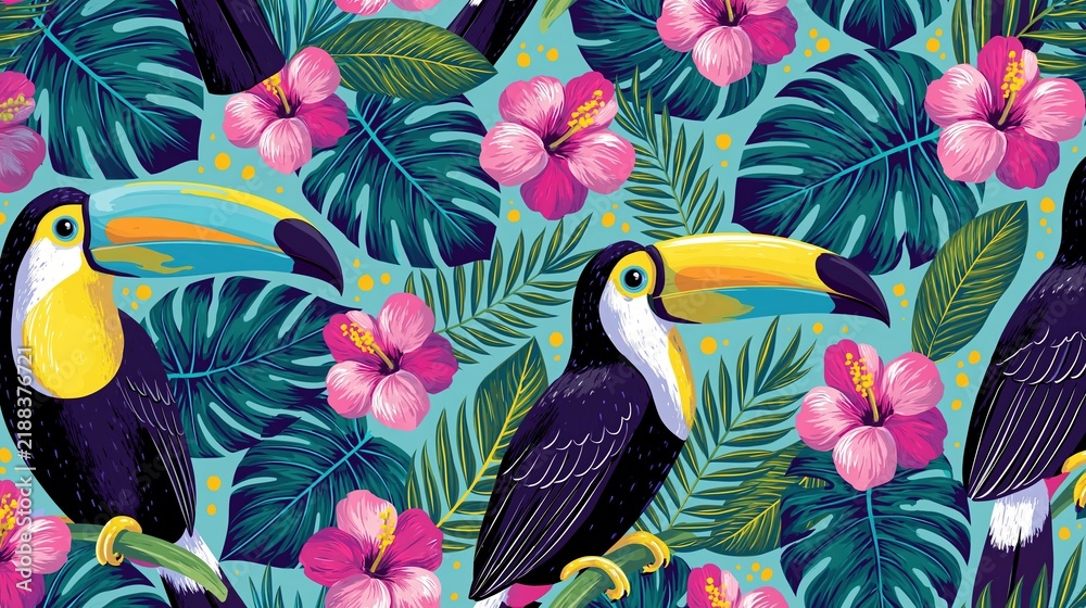 Obraz premium Tropical toucans and hibiscus flowers in a jungle leaf pattern