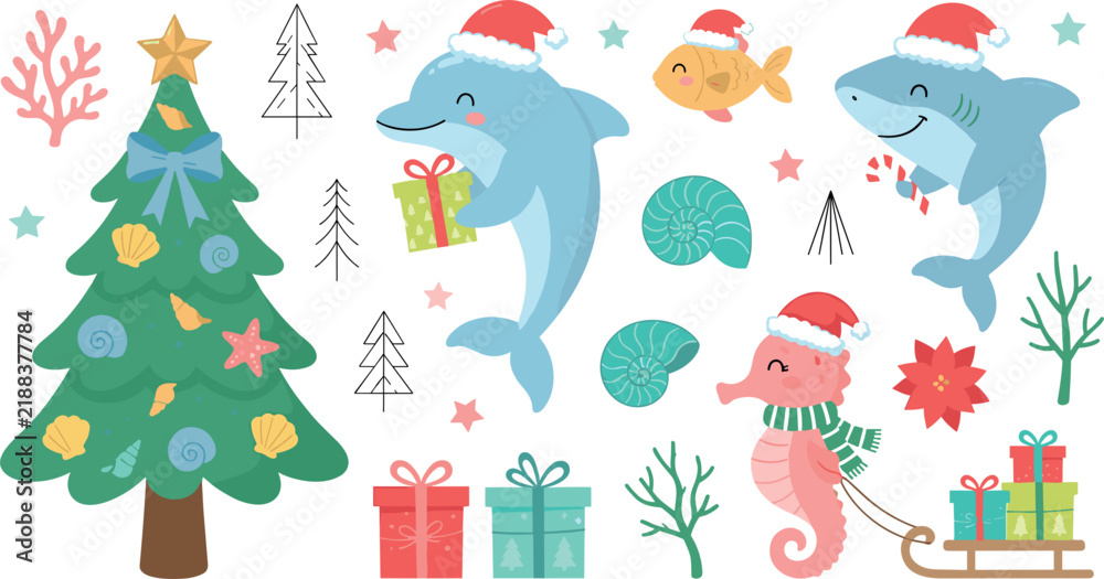 Naklejka premium Cute Nautical Christmas Vector Clipart Set with Santa Hat Sea Animals, Decorated Pine Tree, Dolphin, Shark, Seahorse, and Ocean Holiday Elements