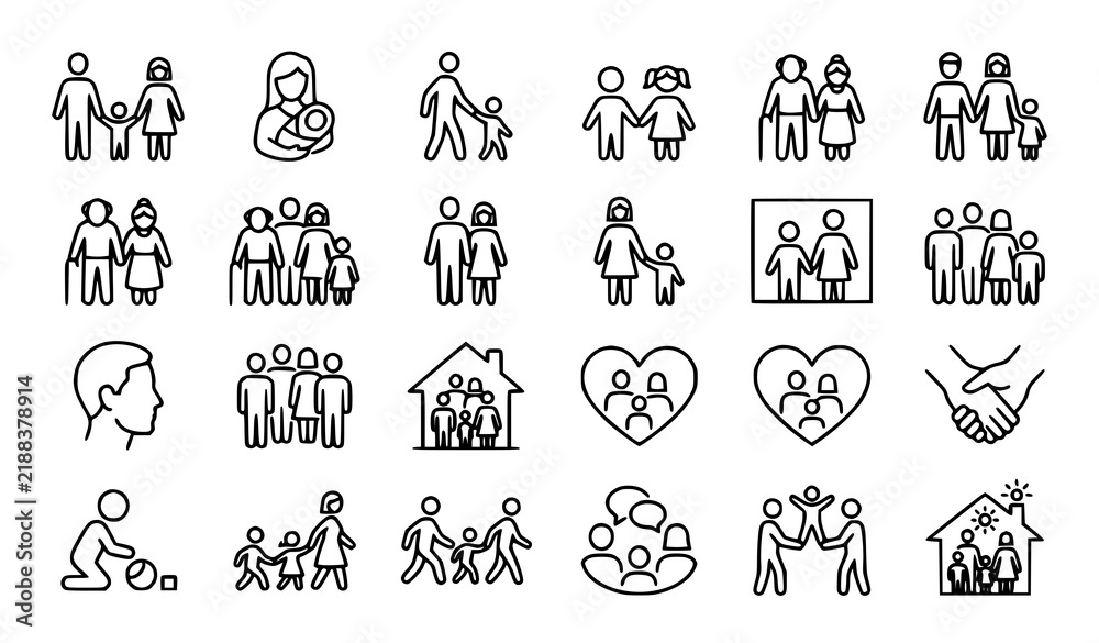 Fototapeta premium Family and People Outline Icons with Parents Children Couples and Relationship Symbols