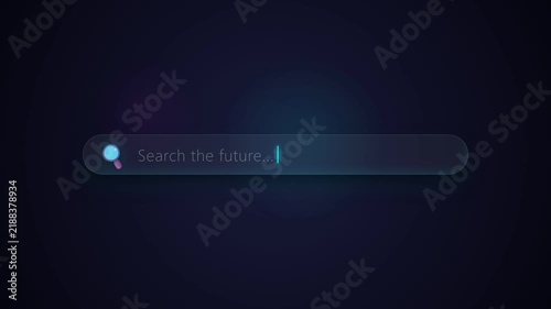 Search bar interface with glowing cursor typing text against a dark background with modern UI design