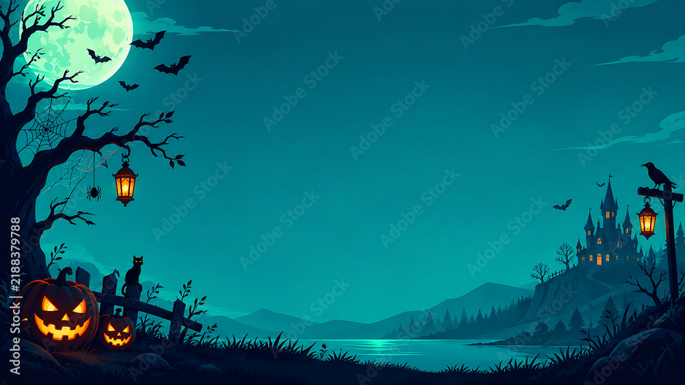 Fototapeta premium Halloween Haunted Castle Landscape with Pumpkins and Full Moon on Teal Background
