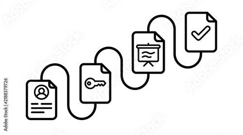 Employee Onboarding Workflow Line Illustration. Enterprise New Employee Setup and Corporate Training Process Outline Vector Isolated on White Background