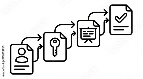 Employee Onboarding Workflow Line Illustration. Enterprise New Employee Setup and Corporate Training Process Outline Vector Isolated on White Background