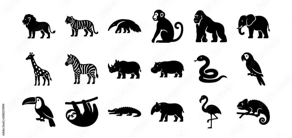 Obraz premium Wild animal icon set including lion, tiger, elephant, giraffe, monkey, and more on transparent background