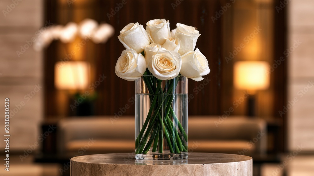 Obraz premium Elegant White Roses in a Transparent Vase on a Wooden Table in a Stylish Modern Interior with Soft Ambient Lighting