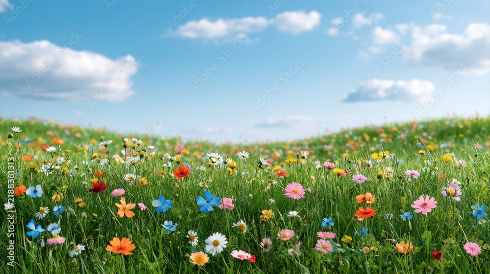 Obraz premium Vibrant Meadow Filled with Colorful Wildflowers Under a Bright Blue Sky with Soft Clouds in a Peaceful Spring Landscape