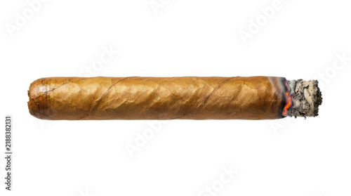 Lit Cigar with Smoke and Ash Isolated on White Background