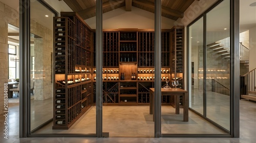 Modern custom wine cellar with wooden racks and glass doors in residence