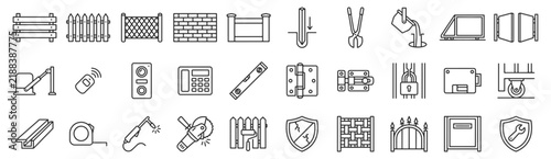 Fence and gate installation line icon set. Picket, chainlink, brickwork, posts, hinges, locks, welding, grinder thin linear vector illustration. Simple outline signs for perimeter construction.