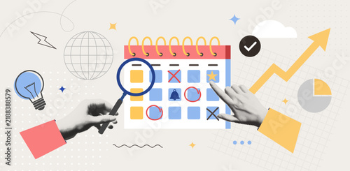 Trendy Halftone Hands Managing Calendar for Content Planning Scheduling and Marketing Growth Retro Collage Vector Illustration