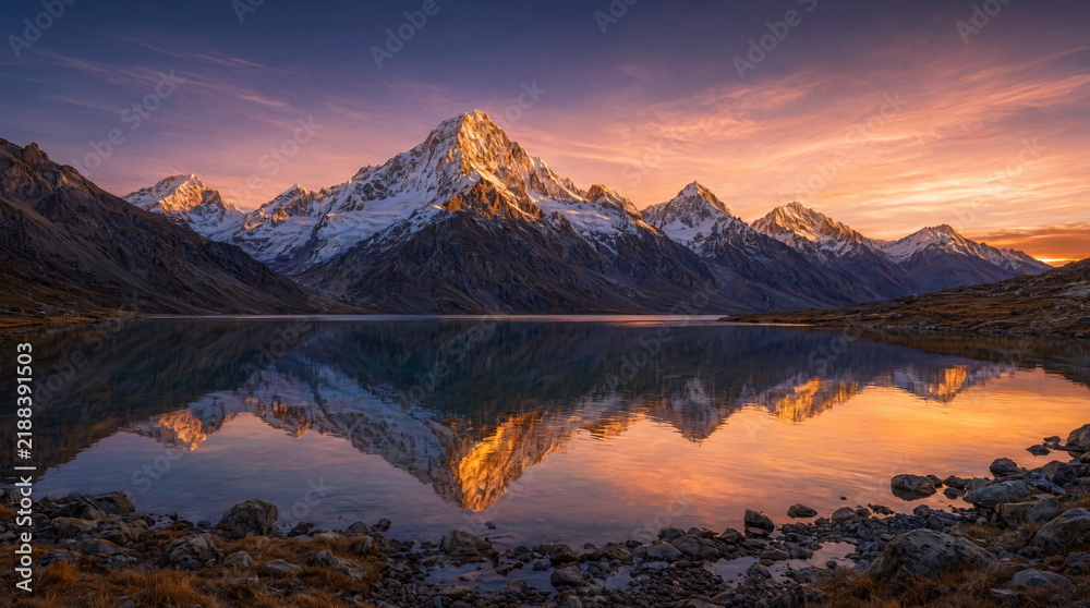 Fototapeta premium Mountain peak of the tibetan snow-capped mountains, a beautiful panorama of the mountains at sunset of the day