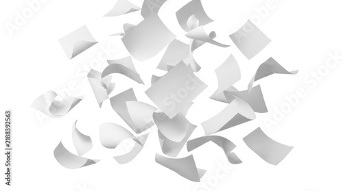 Flying blank white paper sheets falling and twisting in mid-air on white background