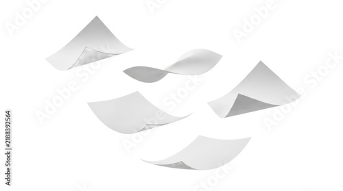 Flying blank white paper sheets in motion mockup isolated on white background