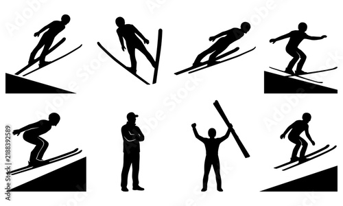 Фотография Ski jumping silhouettes winter sports athlete in-run take-off v-style flight tel