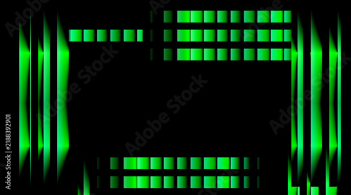 Abstract digital border frame with neon green geometric squares and vertical light streaks for modern tech design projects