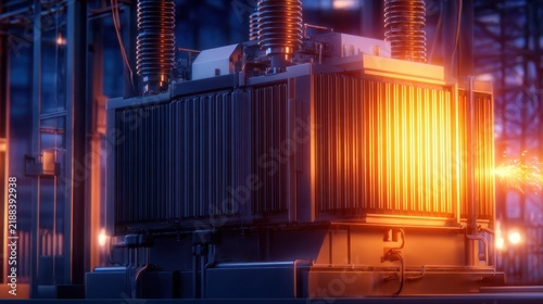 A vibrant transformer in an industrial setting with glowing lights and dynamic energy sparks