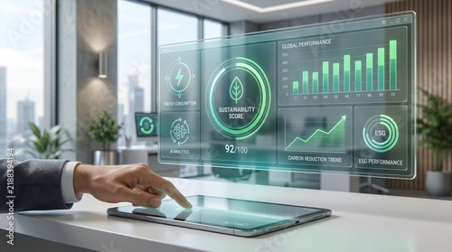 Businessman Using Futuristic Holographic ESG Dashboard on Tablet for Sustainability Monitoring