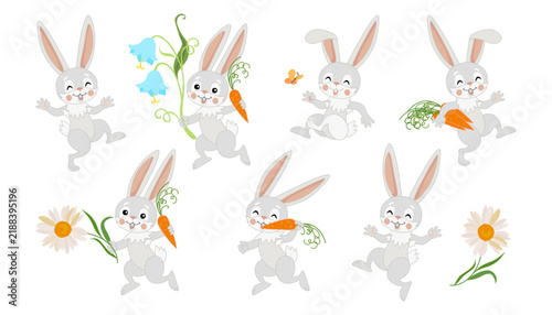 Collection of funny bunnies with carrots. Cute set with little rabbits on white background.