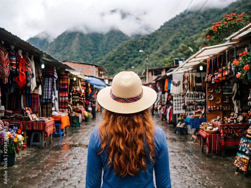 Obraz premium Woman wearing straw hat walking through colorful market street in mountainous landscape