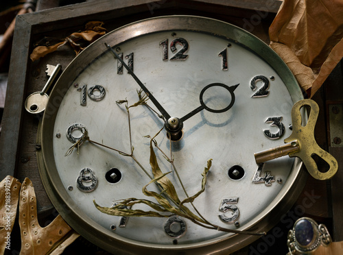 Centering on an antique clock face within a weathered wooden frame, this poignant still life serves as a quiet meditation on obsolescence. The tarnished, brushed metal dial marked by raised silver num