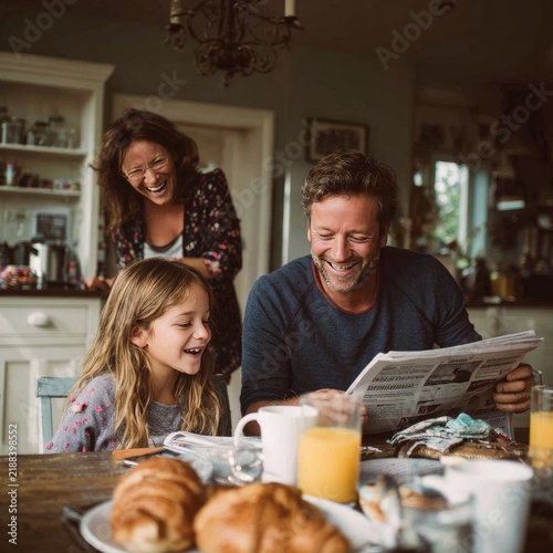 Happy Family Enjoying Breakfast in Cozy Kitchen with Smiling Adults and Child