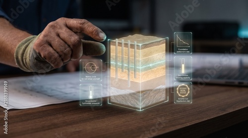 Geotechnical engineer uses advanced holographic digital interface to analyze complex soil layer composition and stratigraphic data for precise construction project foundation stability
