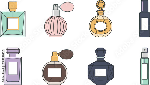 Luxury Perfume and Fragrance Glass Bottle Icon Set with Flat Line Art Illustrations of Cologne Atomizers Scent Sprays and Cosmetic Packaging Designs