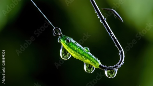 A close-up of a green lure glistening with water droplets on a fishing hook surrounded by greenery
