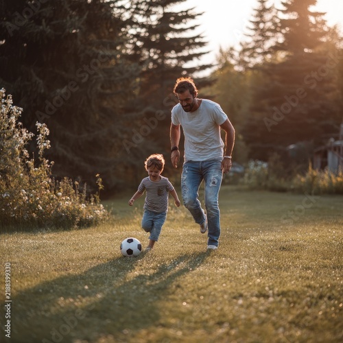 Father and Child Playing Soccer in Sunlit Park with Green Grass and Trees