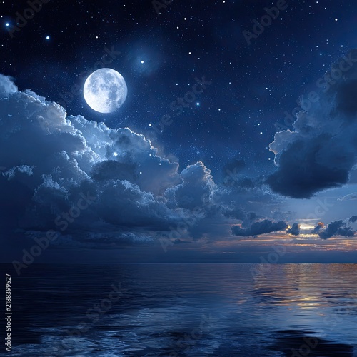 Bright Full Moon Over Ocean with Cloudy Night Sky and Starry Background
