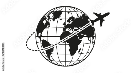 Globe with airplane and dashed travel path black silhouette design
