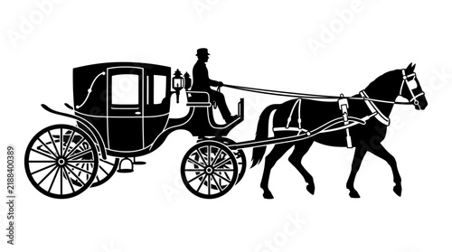 Horse drawn carriage silhouette against a white background depicts historical transportation