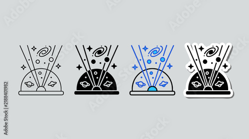 Planetarium dome laser show vector icons set in outline, filled, blue highlights, and sticker styles.