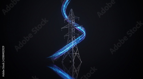 Futuristic High Voltage Transmission Tower with Glowing Energy Trail on Dark Reflective Surface