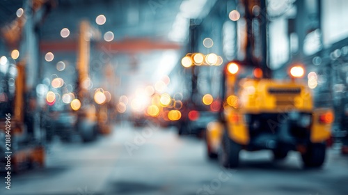A blurry warehouse scene with machinery and a prominent yellow forklift bathed in bokeh lights