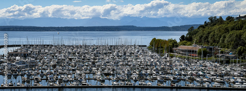 Panoramic Seattle Marina on Puget Sound with Cascade Mountains