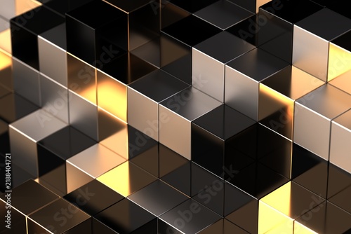 Black and gold geometric voxel pattern, 3D computer-generated render