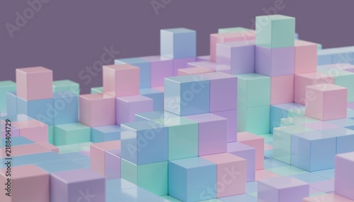 Pastel voxel cube landscape background, 3D computer-generated render