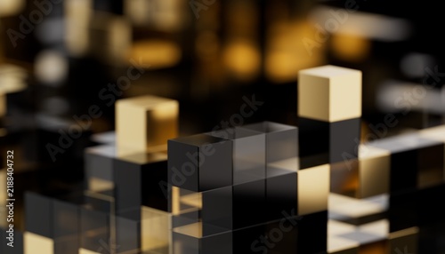 Black and gold voxel cube background, 3D computer-generated render