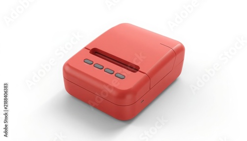 Modern red portable thermal receipt printer with simple control buttons rendered on transparent background