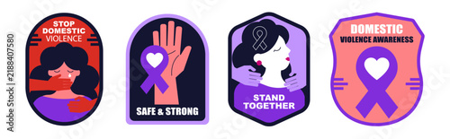 Domestic Violence Awareness Badge Set with Ribbon, Raised Hand and Women Support