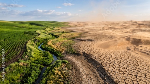 A stark comparison between a lush, green landscape with a stream and a barren, dry, cracked desert. The image illustrates the devastating effects of climate change and drought