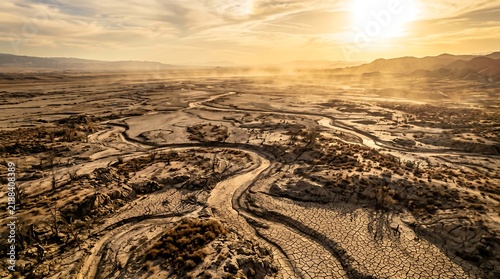 A winding river flows through a vast, arid landscape under a warm, sunlit sky. Dust motes dance in the golden rays of the setting sun, highlighting the rugged terrain and distant mountains.